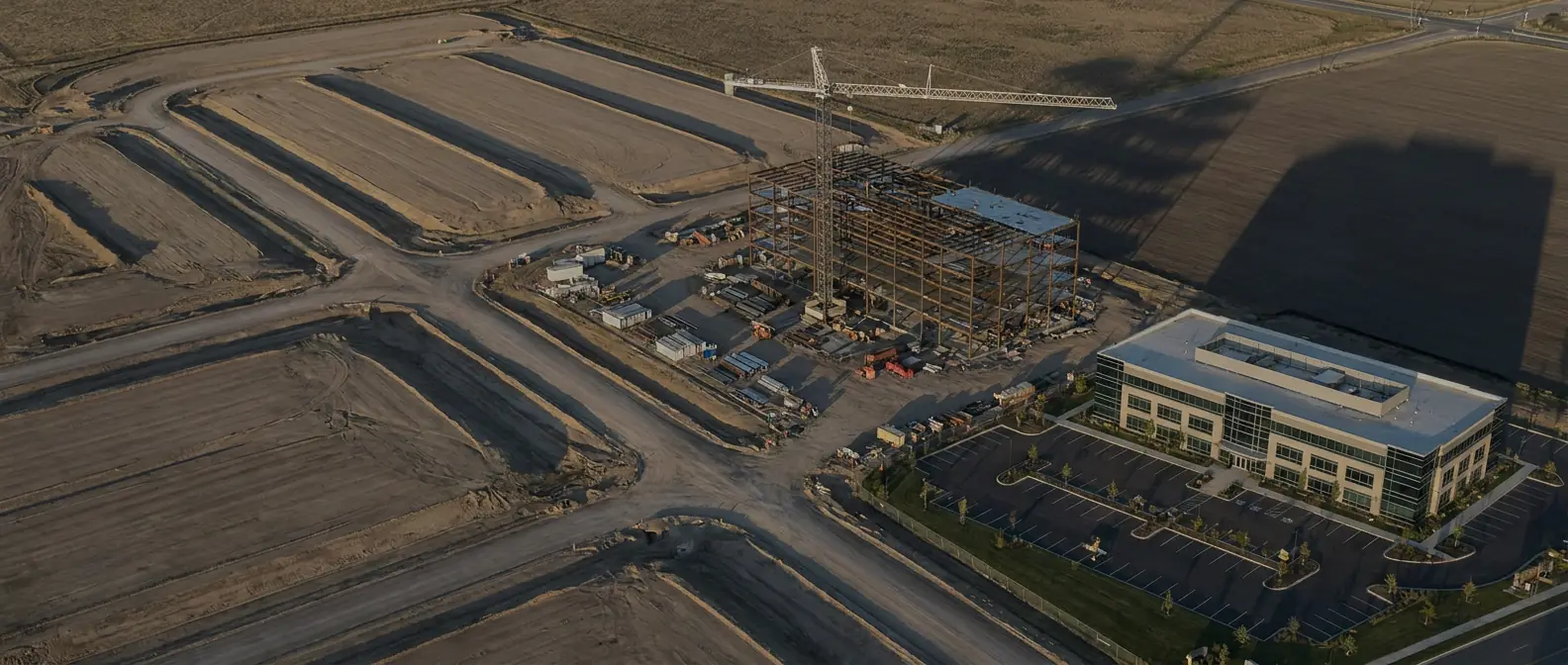 Aerial view of a development site showing graded pads, a building under construction, and a completed building