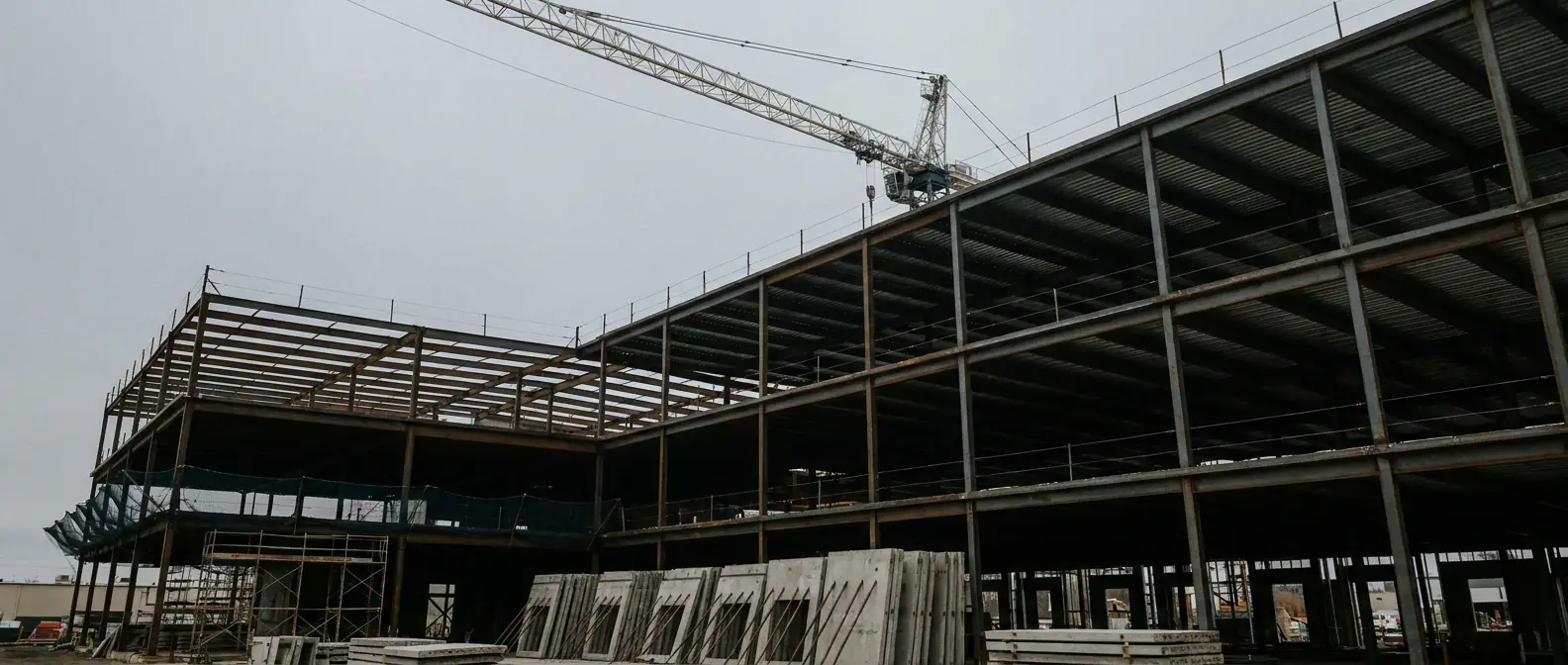 Structural steel frame of a commercial building under construction with a tower crane against an overcast sky