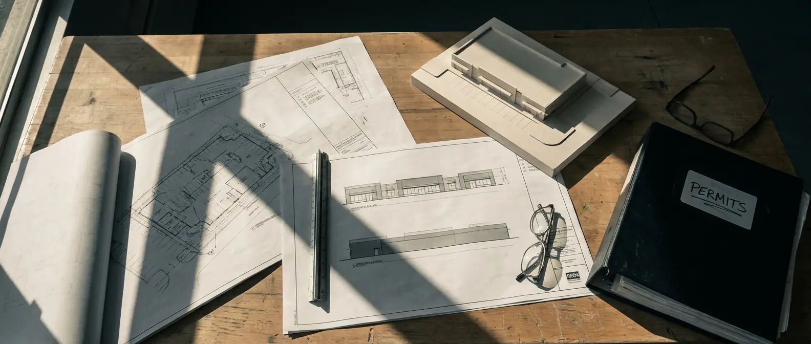 Overhead view of architectural site plans, a scale ruler, and a basswood massing model on a worktable