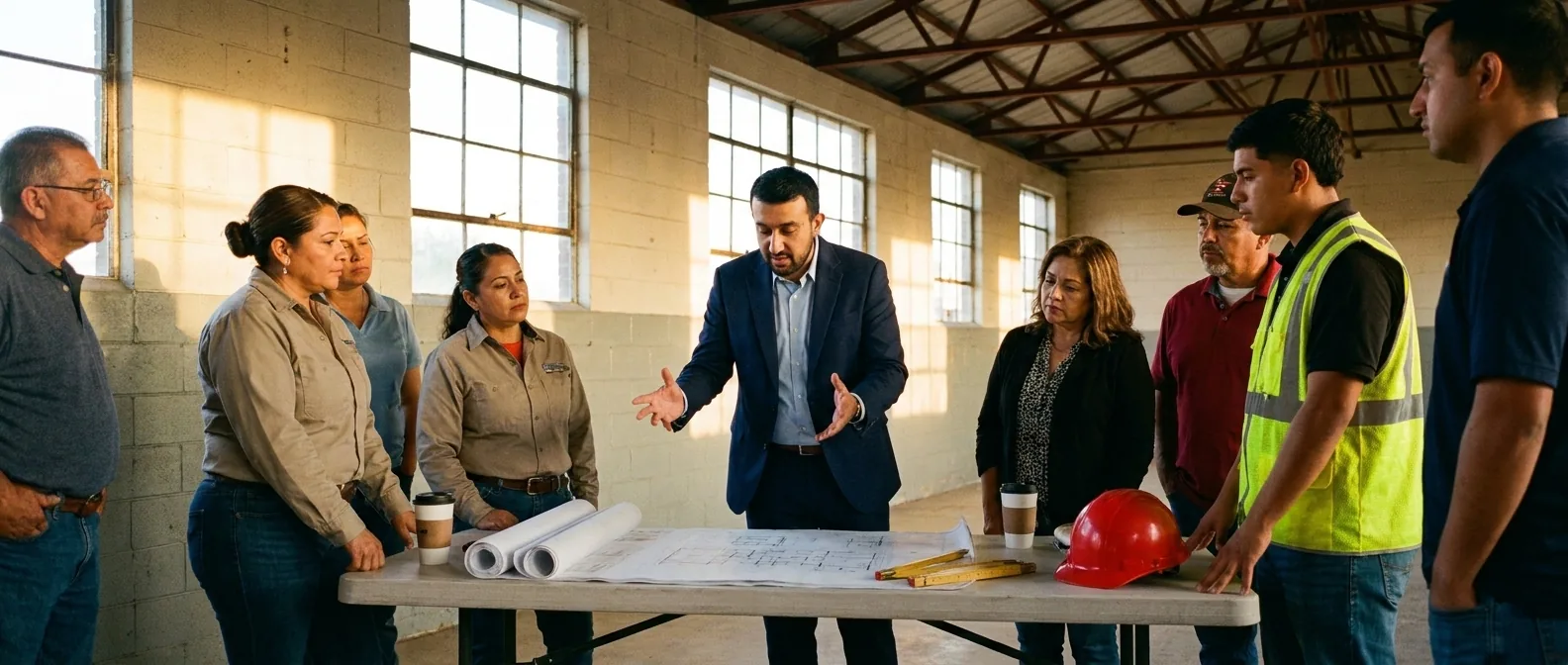 Babar Khan in a navy jacket, hands open over unrolled site plans at a folding table, taking questions from a standing group of residents and trades in a plain hall.