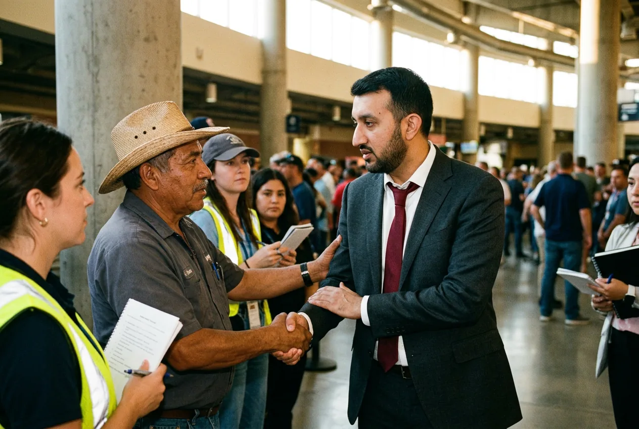 Babar Khan in a charcoal suit and red tie shaking hands with an older man in a straw hat and work shirt in a busy arena concourse, with others waiting to speak to him.
