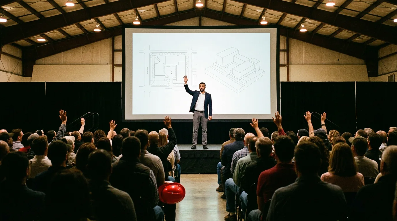 Wide view from the back of a full hall: Babar Khan alone on a stage beside a large screen showing a site plan and massing study, with hands raised throughout the audience.