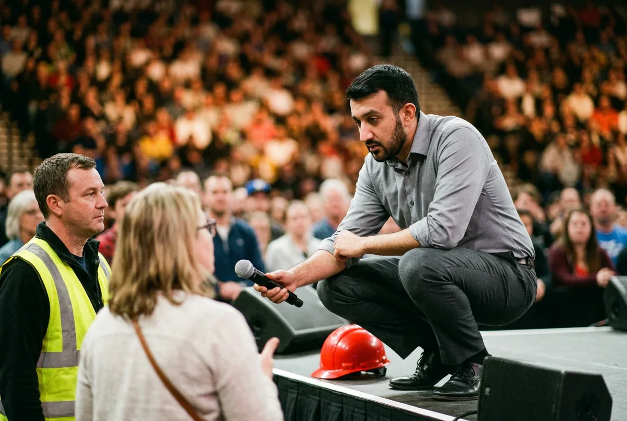 Babar Khan crouched on one knee at the edge of a stage, sleeves rolled, holding a microphone out toward a woman in the front row who is asking a question.
