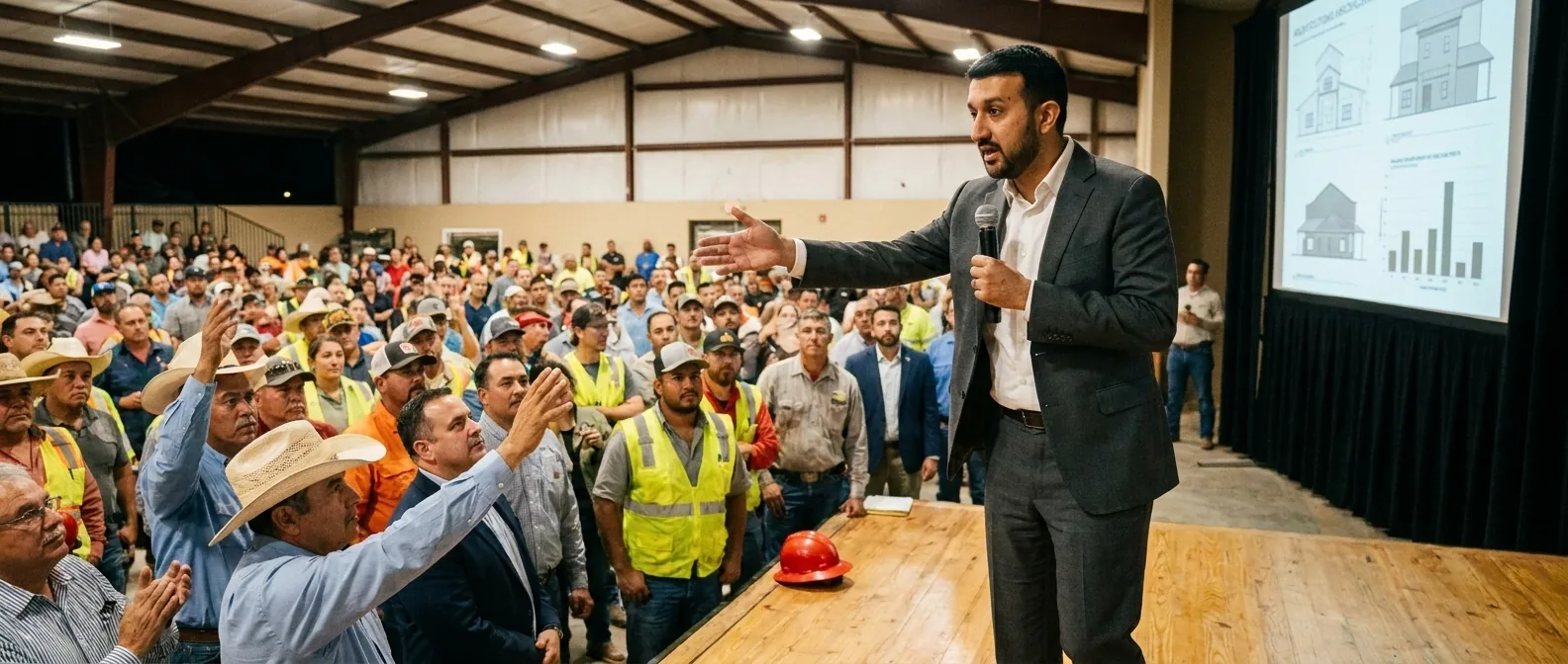 Babar Khan in a charcoal suit on a low stage with a handheld microphone, arm extended toward a packed standing crowd of trades, ranchers and families in a large metal-framed hall.