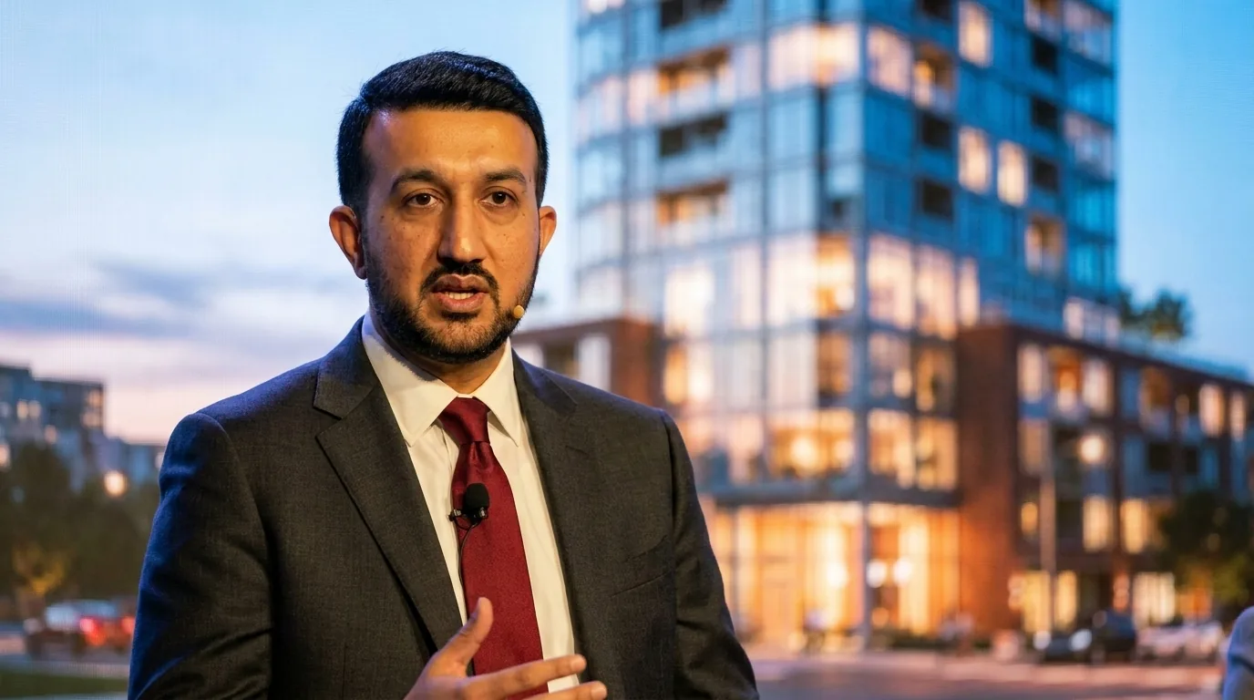 Close view of Babar Khan in a charcoal suit and deep red tie with a lapel microphone, mid-gesture, a softly blurred render of an illuminated mixed-use tower behind him.