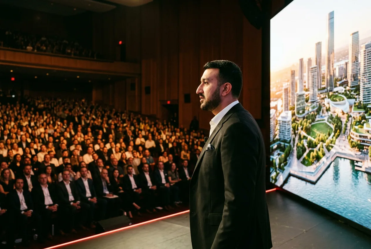 Babar Khan in profile at the edge of a stage looking out over a full tiered auditorium, a wide render of a waterfront district glowing on the screen beside him.