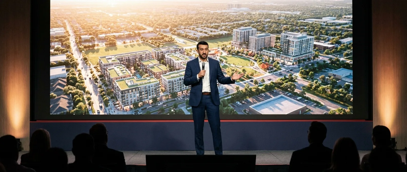 Babar Khan in a navy suit on a large stage with a handheld microphone, standing before a floor-to-ceiling screen showing an aerial render of a mixed-use district at golden hour.