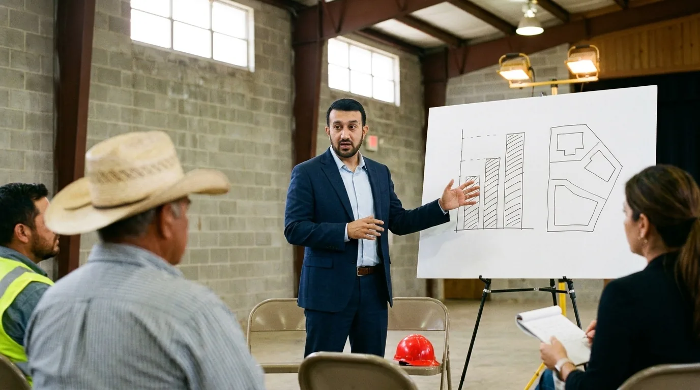 Babar Khan standing beside a presentation board showing a stacked bar diagram and a site massing sketch, addressing a seated audience on folding chairs.