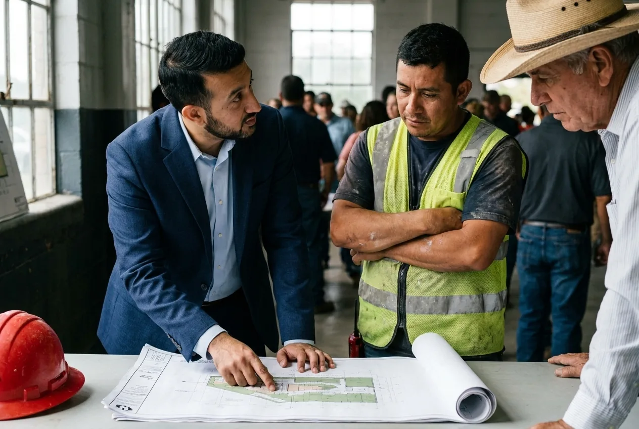 Babar Khan leaning over a site plan with one finger on a detail, talking with a contractor in a work vest and an older land owner in a straw hat.
