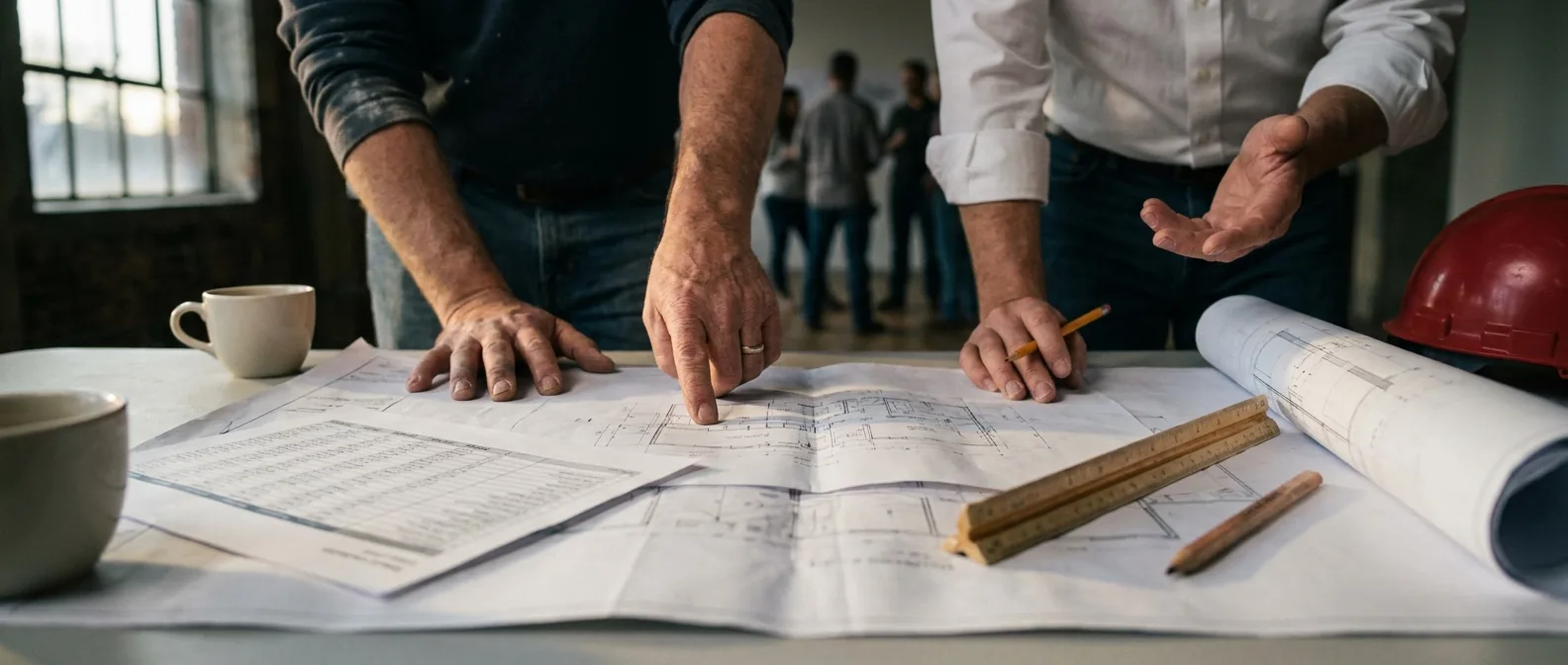 Hands resting and pointing across unrolled architectural drawings and a printed cost schedule, with a scale rule, a pencil and a hard hat on the table.