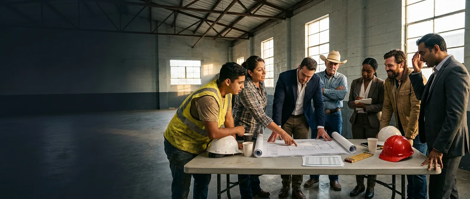 A contractor in a work vest, a woman in a plaid shirt, a rancher, a developer in a suit and half a dozen others leaning over unrolled site plans on a folding table in a plain hall.