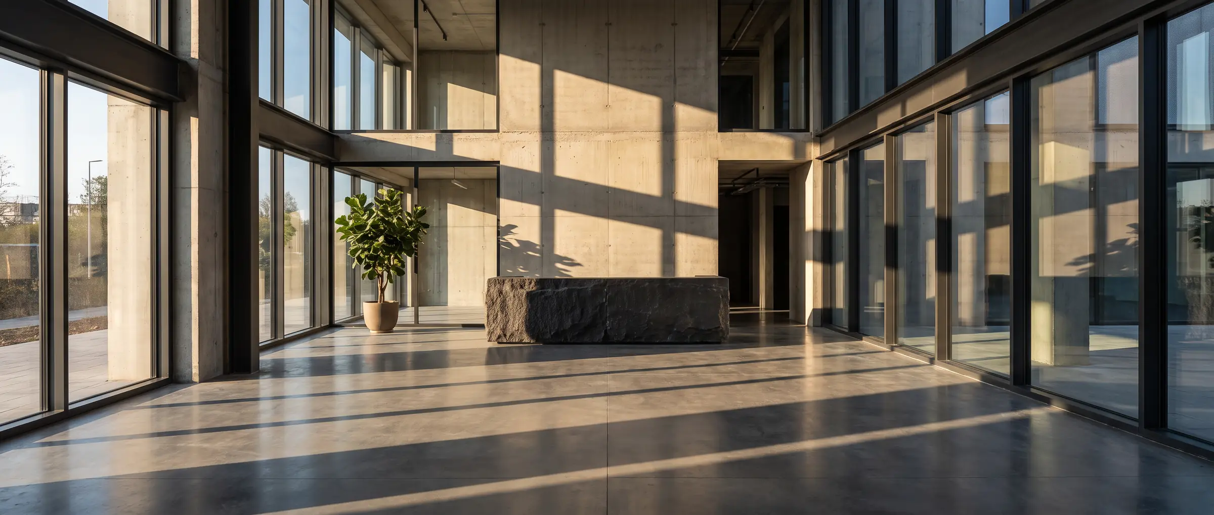 Bright double-height commercial lobby with concrete walls and full-height glazing casting long shadows
