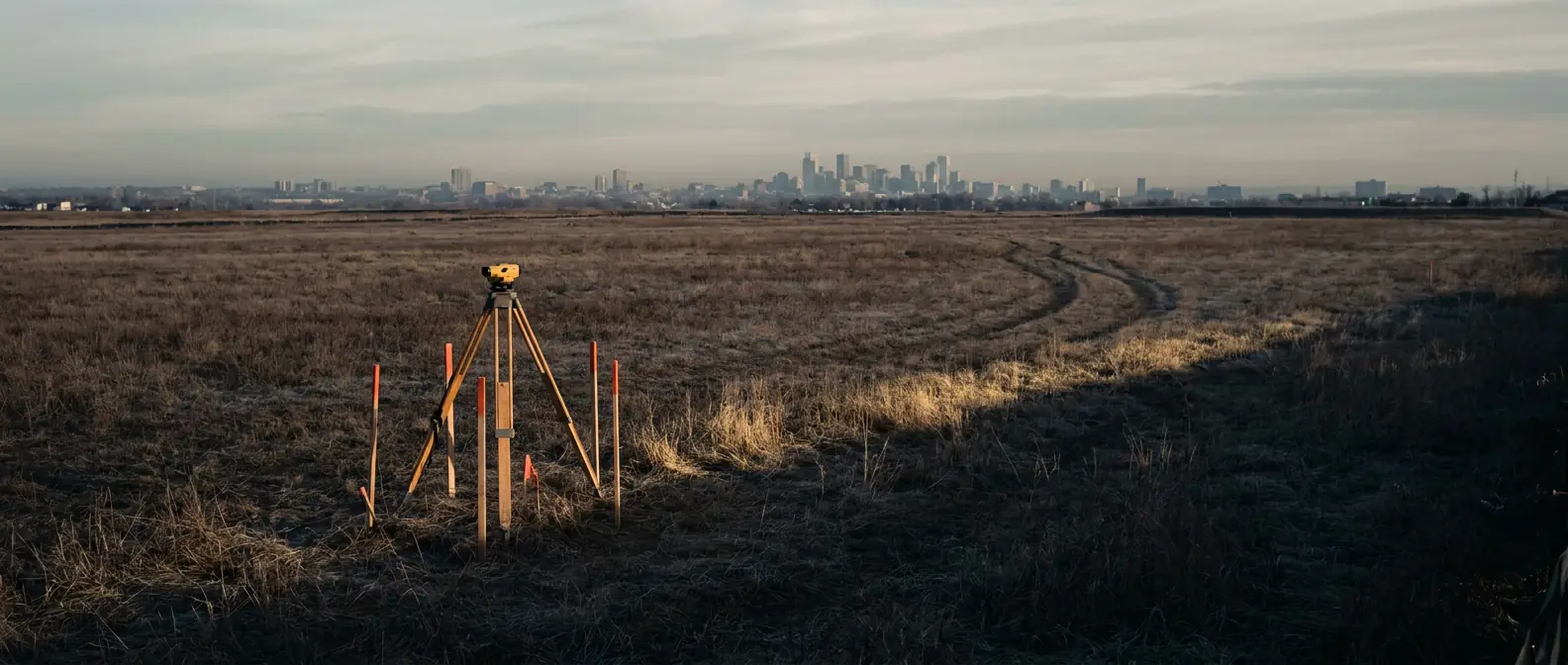 Open commercial land parcel at dawn with survey stakes in the foreground and a distant skyline