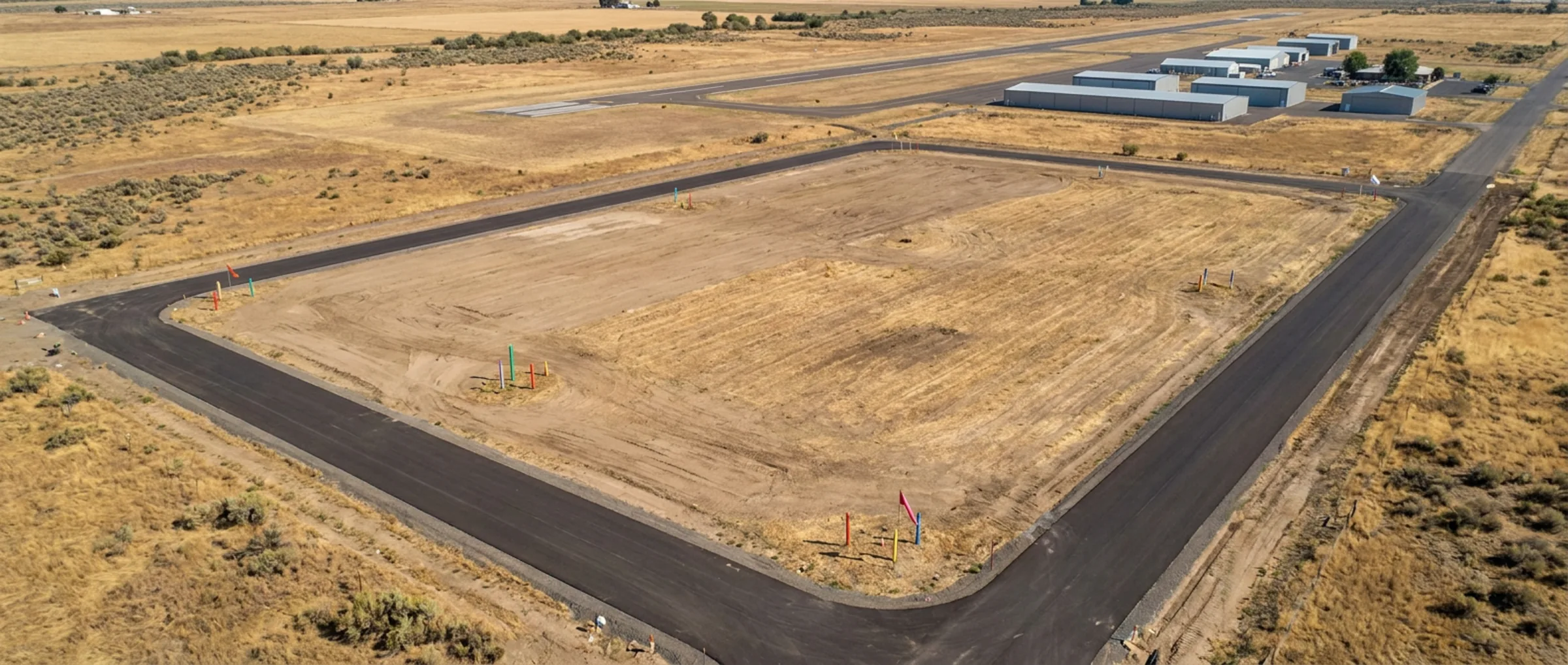 Level cleared development site with graded pads, a new paved access road, and survey markers in dry Texas grass