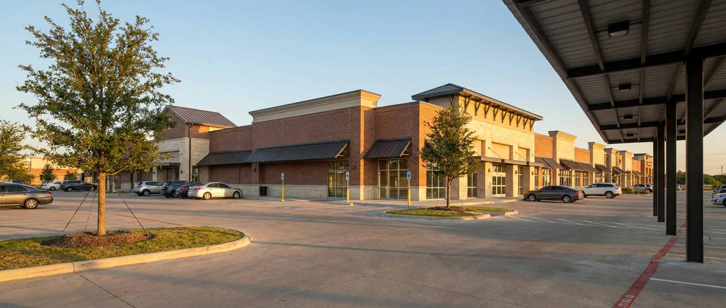 Grocery-anchored neighbourhood retail centre with brick storefronts, metal awnings, and a landscaped car park at golden hour