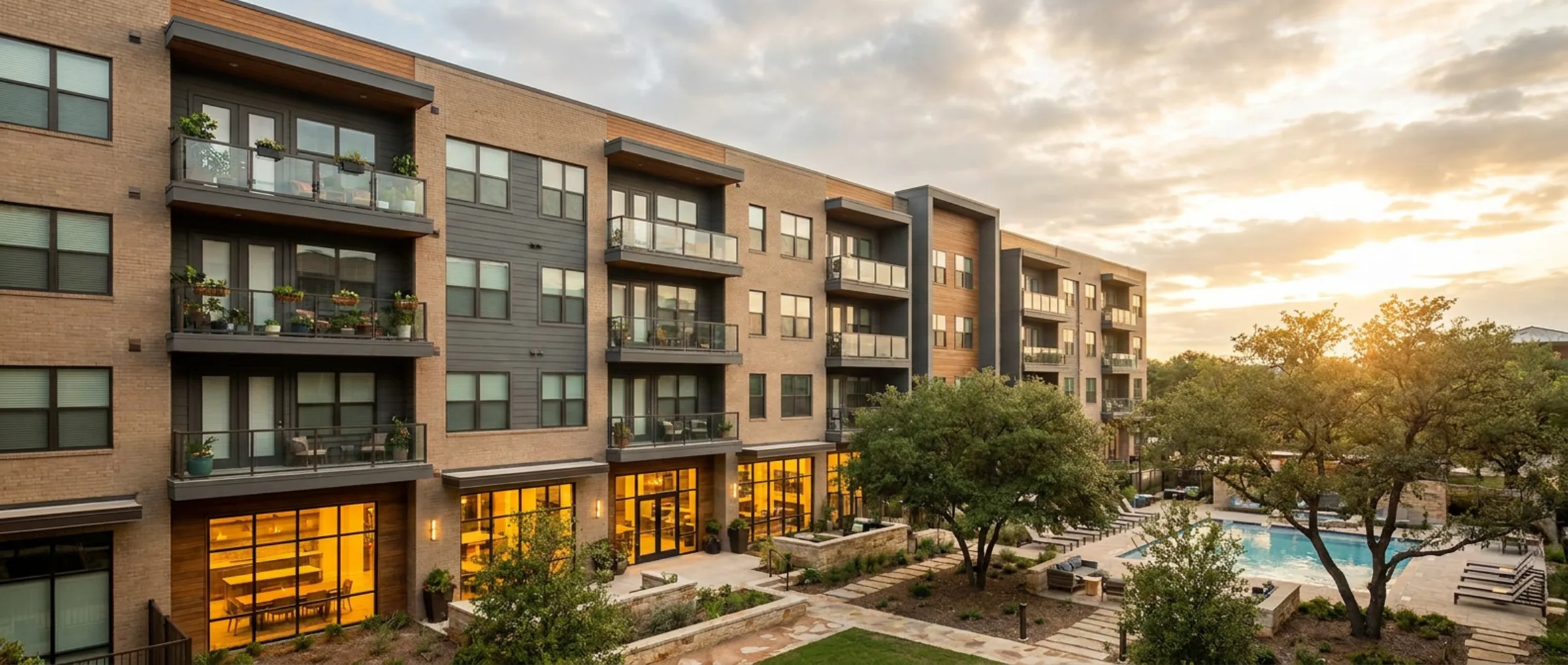 Multi-storey apartment community with private balconies, ground-floor amenity glazing, and a landscaped pool courtyard at sunset