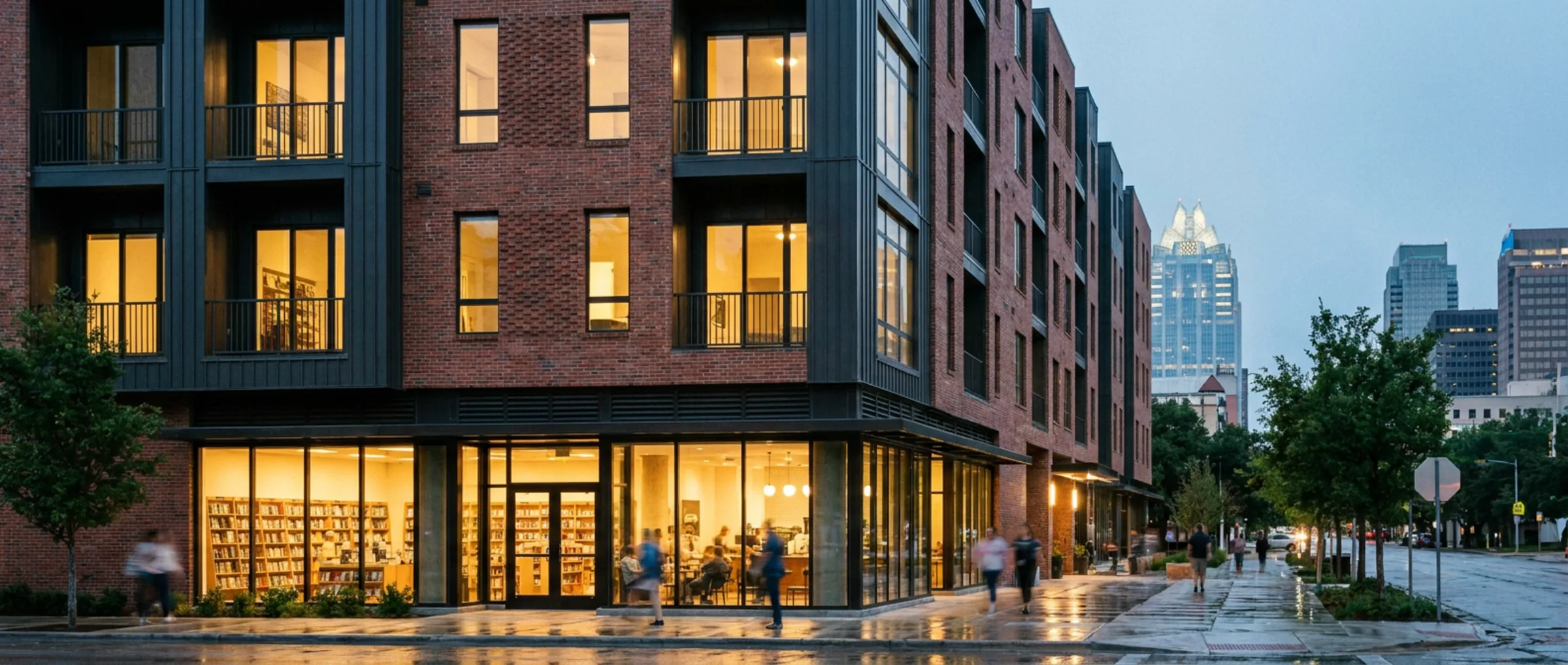 Mid-rise mixed-use building with ground-floor retail glazing and residential levels above, with a downtown skyline beyond