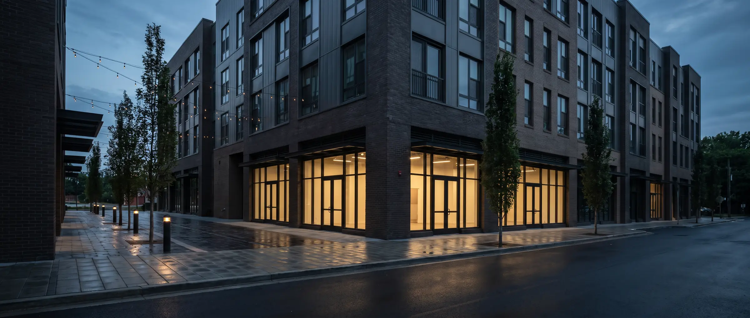 Street-level view of a new mixed-use development at blue hour with lit ground-floor retail below residential storeys